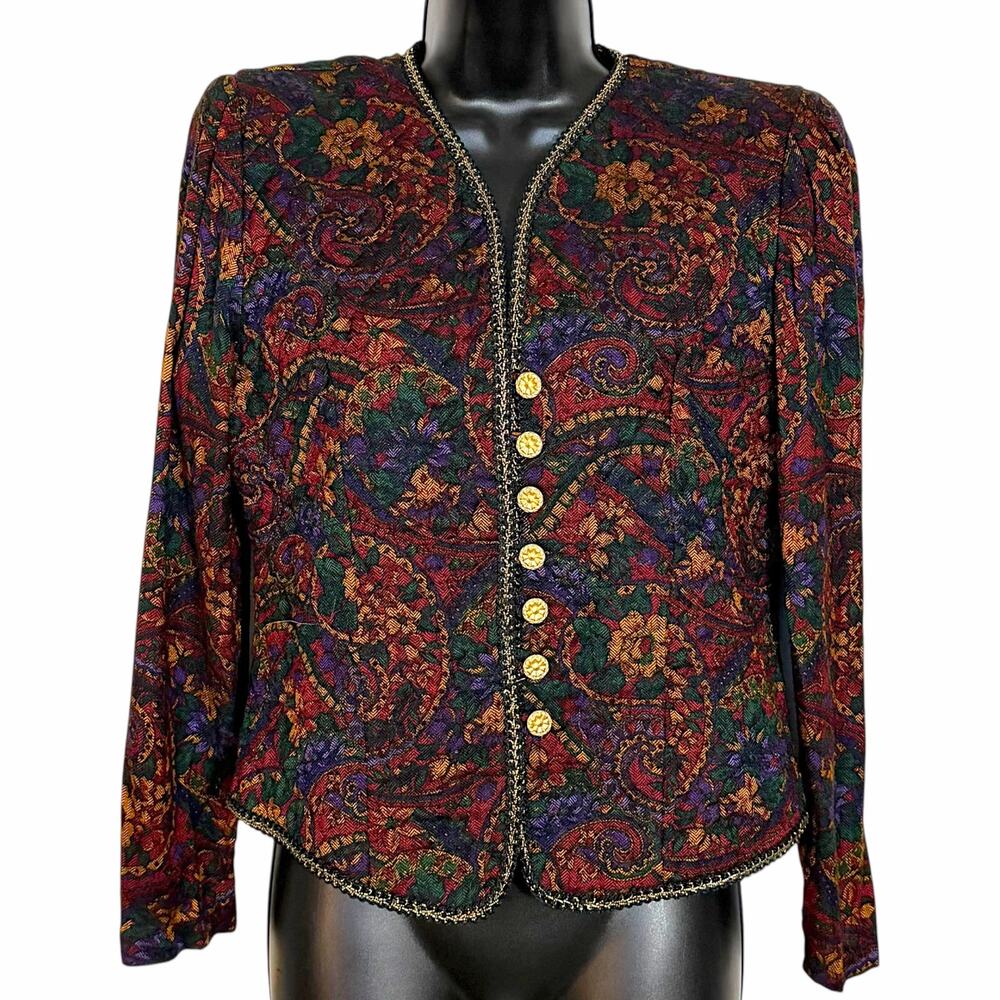 Vtg 80s Meryl Fashions Paisley Quilted Jacket Blazer 8 Rayon Braided Trim Boho